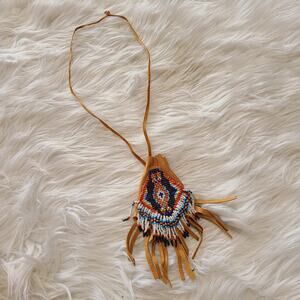 Native American Leather Beaded Medicine Bag Pouch Necklace Fringe Southwestern